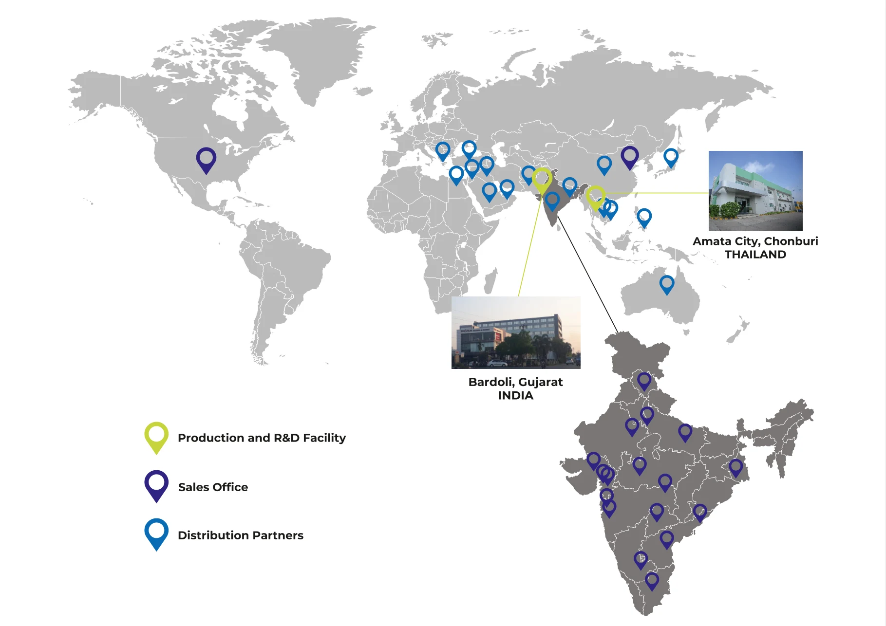 World map of Hi-Tech Membranes' production facilities in Bardoli (India) and Amata City (Thailand), sales offices, and distribution partners, with a zoomed map of India
